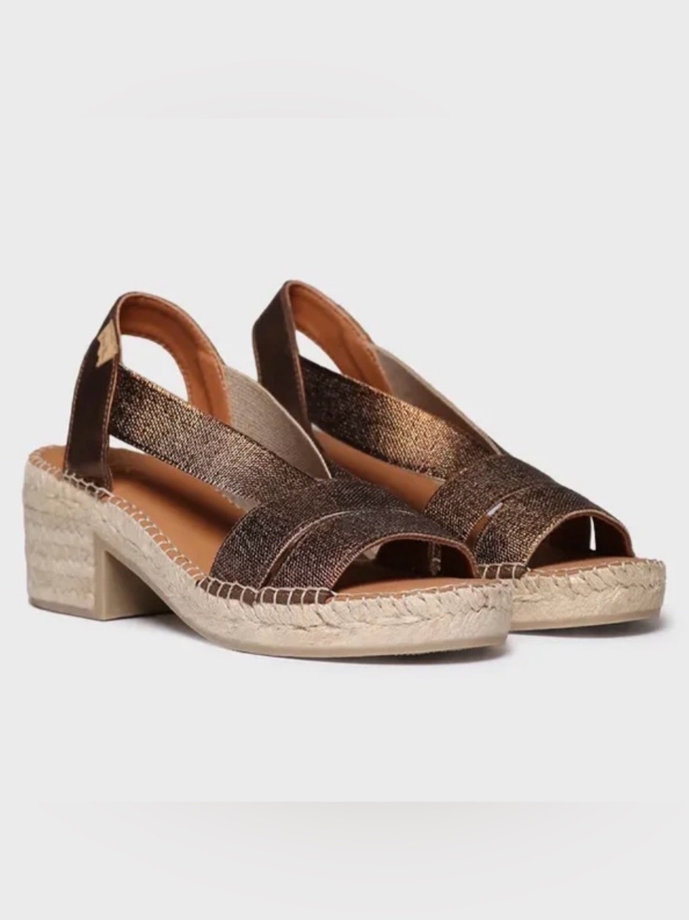 Toni Pons Bronze Espadrille Wide Heel Sandals Elastic Straps Size 38 EU 6.5 US